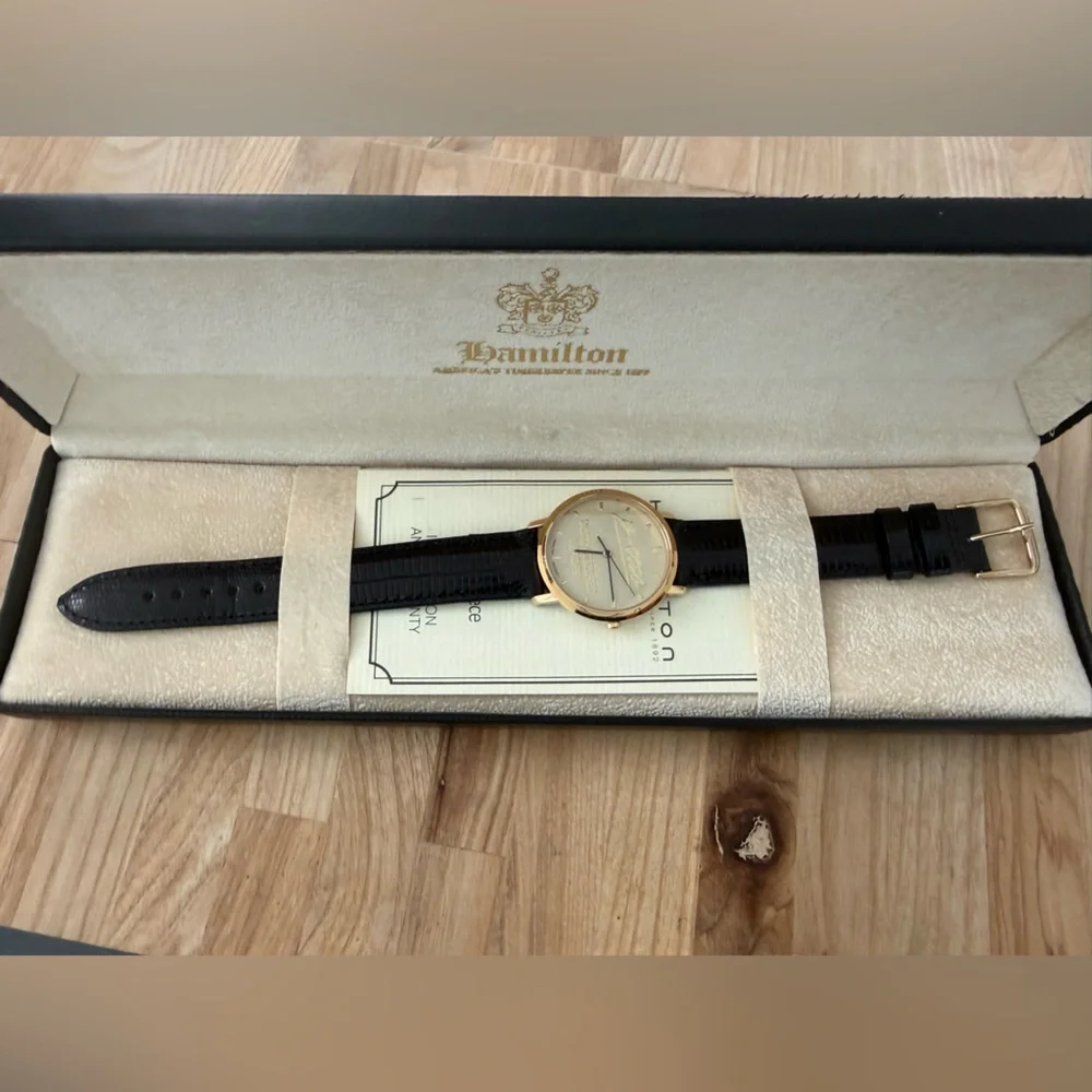 Hamilton Rare Distinguished Leader Watch New in Box Gold Dial Case Leather Strap